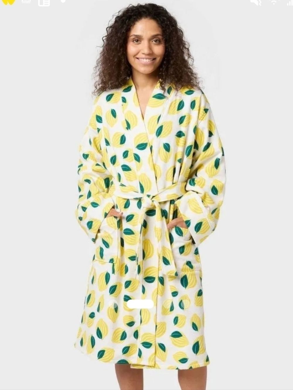 Room Essentials Lemon Leaf Cotton Robe - Yellow & Green Size L/XL